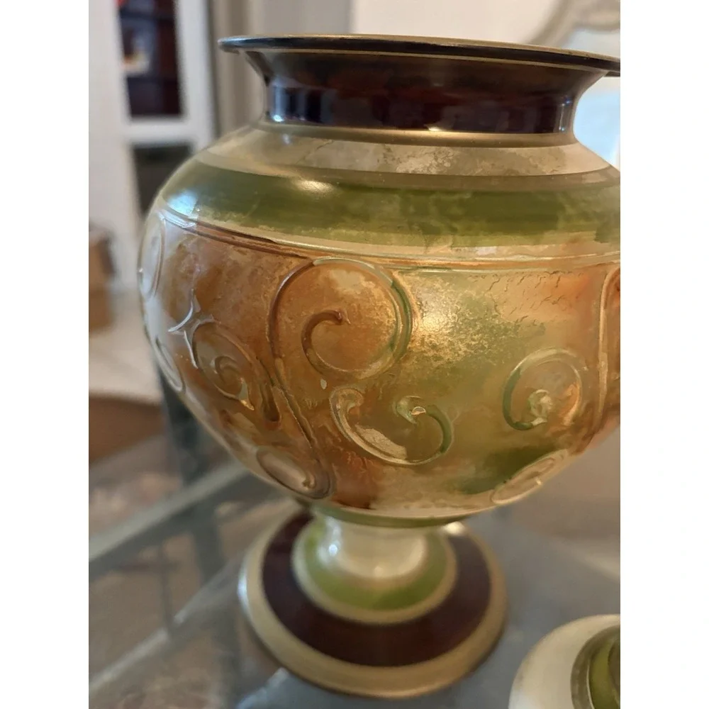 VTG Decorative Glass Urn Jar Pedestal Lid Hand Painted Gold Green Scroll 12